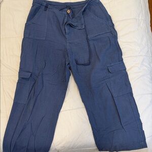 Sincerely Jules Wide Leg Linen Cargo Pants in Navy Blue